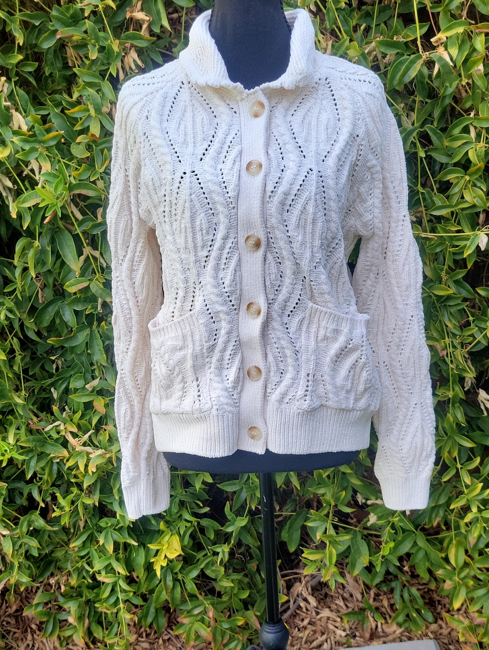 Cynthia Rowley Cream Chunky Openwork Knit Button-Up Cardigan M